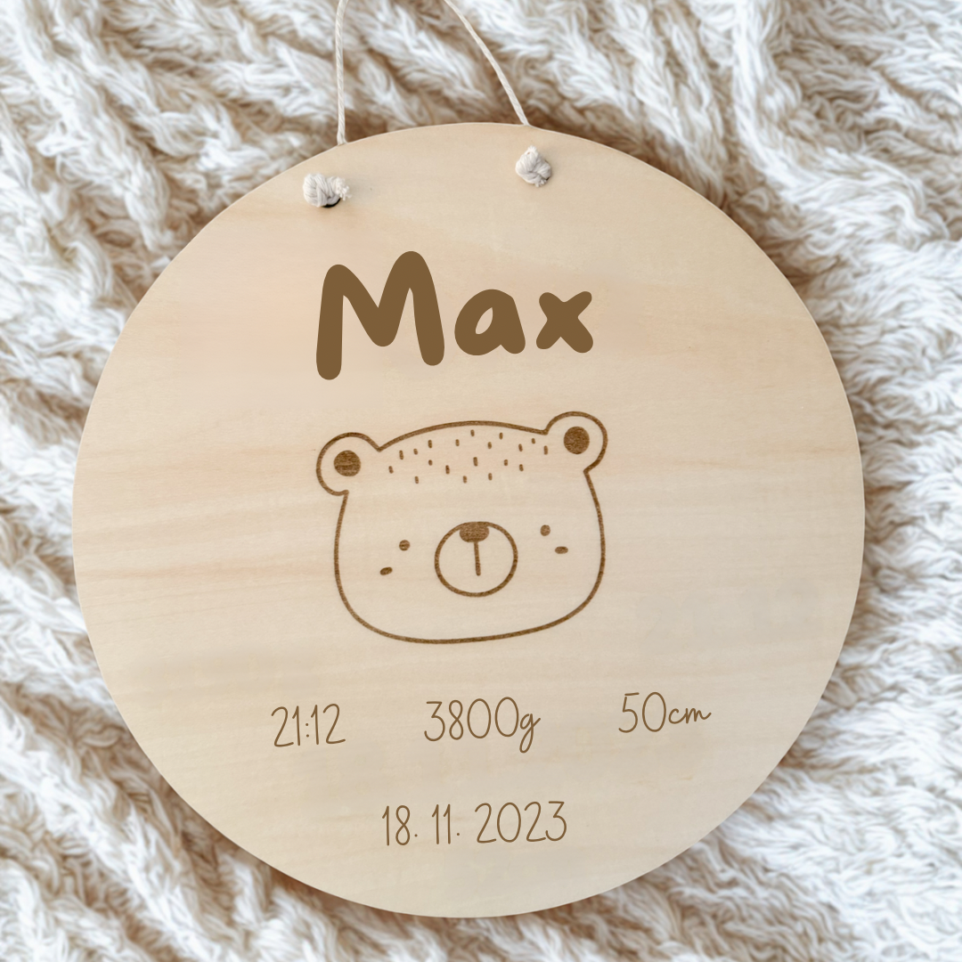 Personalisiertes Holzschild zur Geburt "Bär" – Individuelles Geschenk für das Kinderzimmer