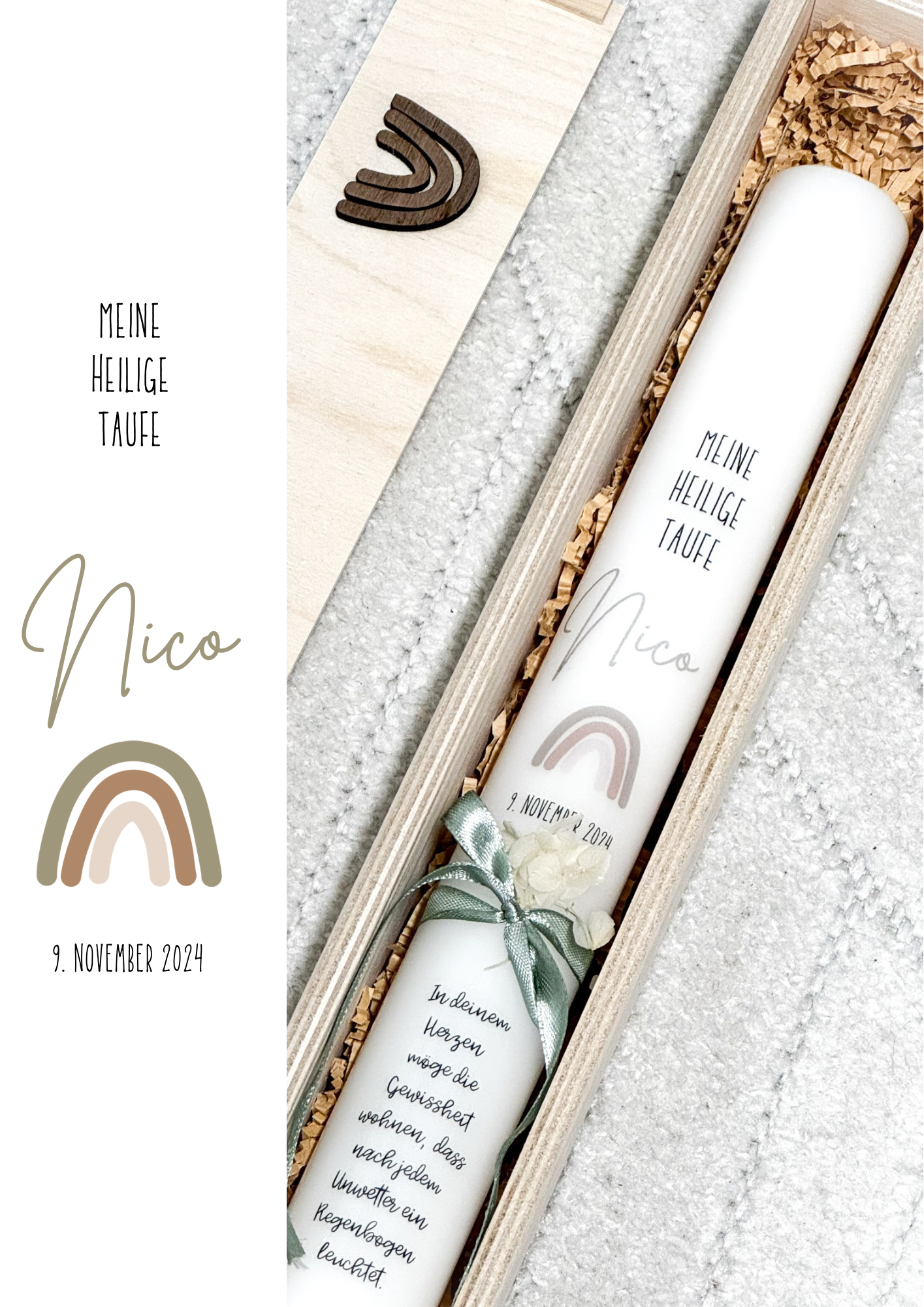 Taufkerze „Regenbogen - Olivegrün“