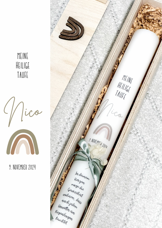 Taufkerze „Regenbogen - Olivegrün“
