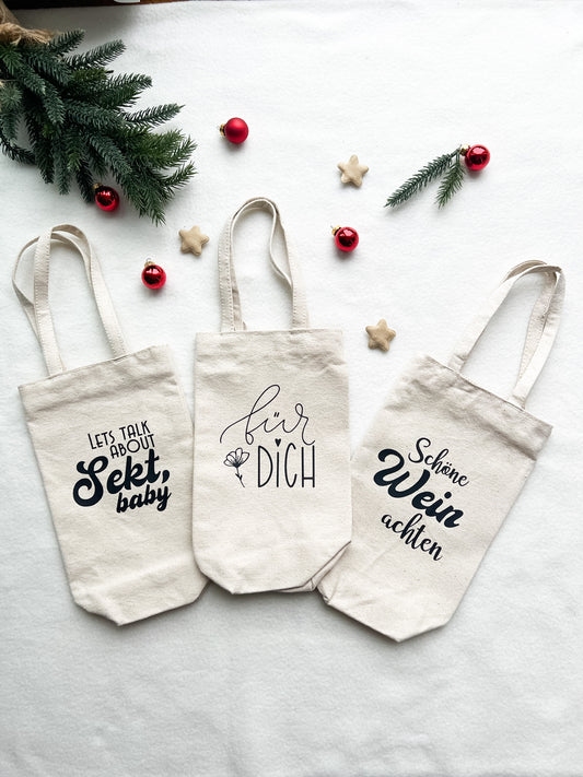 Flaschentaschen aus Bio-Baumwolle – Nachhaltige Geschenkverpackung mit Spruch