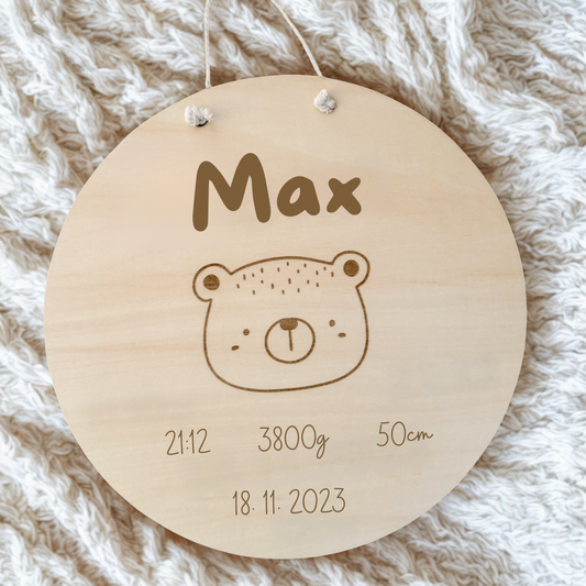 Personalisiertes Holzschild zur Geburt "Bär" – Individuelles Geschenk für das Kinderzimmer