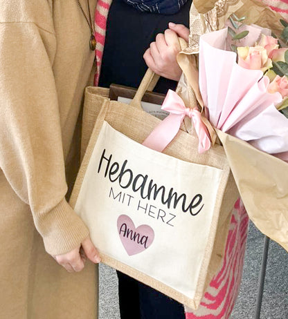 Personalisierte Jutetasche – “Hebamme mit Herz” – Geschenk für Hebammen – mit Name – Dankeschön zur Geburt