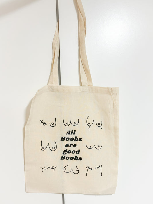 Stofftasche | Einkaufstasche | Baumwolltasche „All Boobs are good Boobs“ auf Baumwolle mit schwarzem Aufdruck