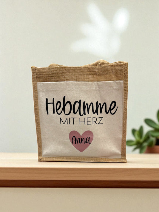 Personalisierte Jutetasche – “Hebamme mit Herz” – Geschenk für Hebammen – mit Name – Dankeschön zur Geburt